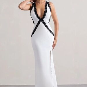 WHITE PLUNGE-NECK SPLIT MAXI DRESS WITH LACE DETAIL